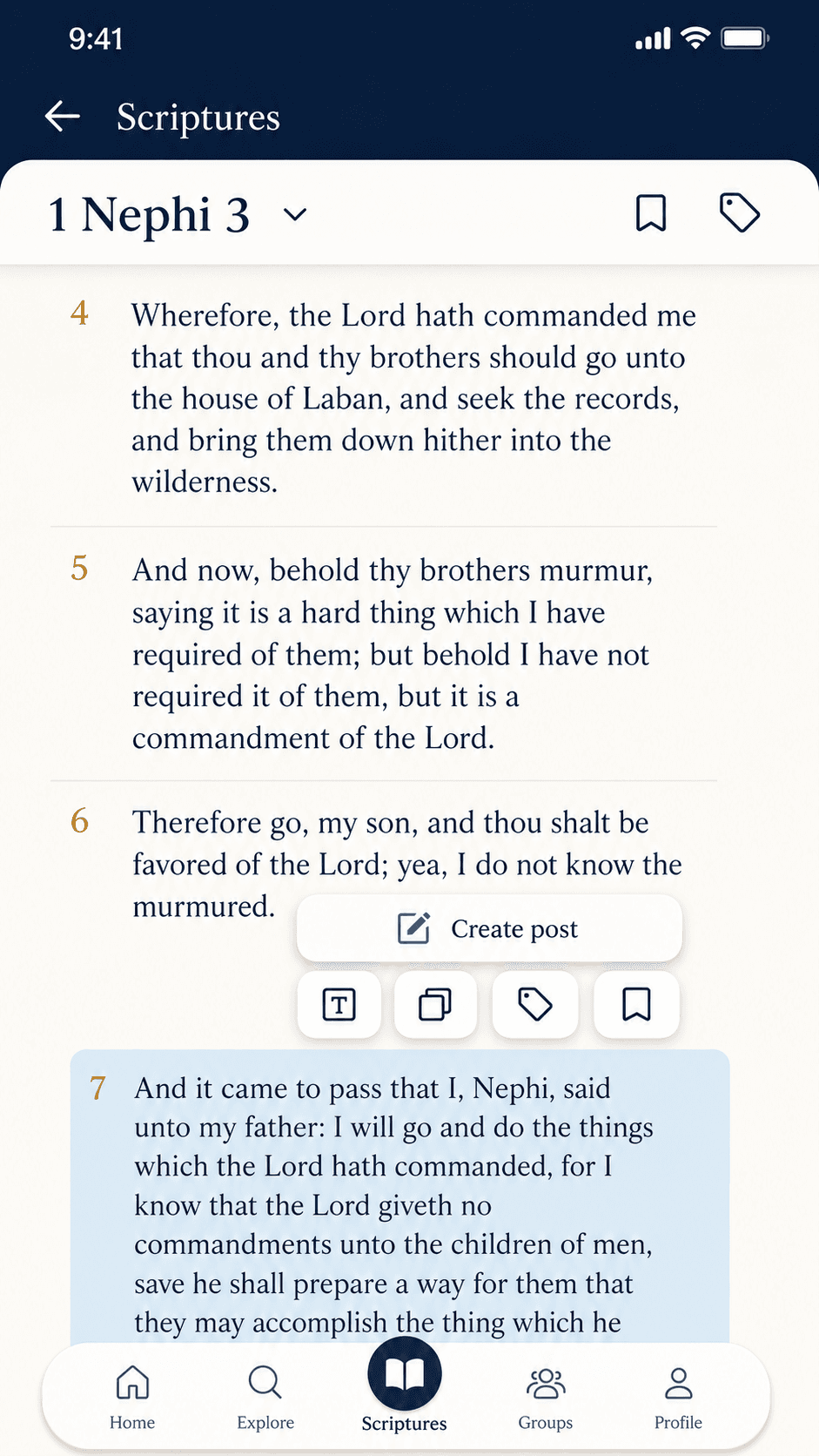 Refuge scripture reader with highlighted scripture and create post action