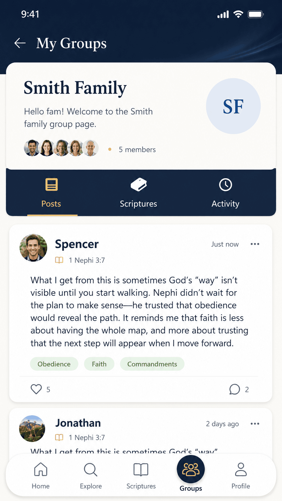 Refuge private group page with scripture posts